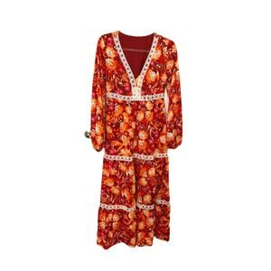 Floral Prairie Ruffle Midi Dress Size S Boho Cottagecore Lace Trim Cowboy Cozy